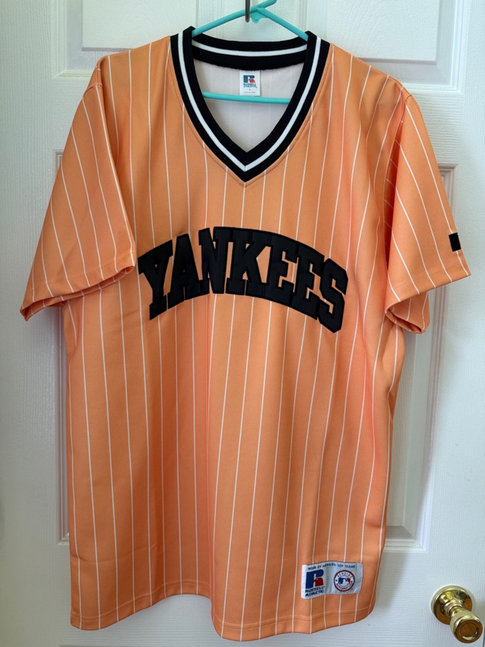 Vintage 90’s Russell Athletic Orange and Black Neon V-Neck Jersey